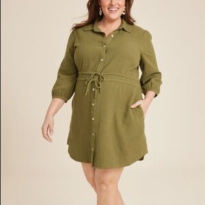 Maurice’s Cotton Gauze 1X/2X Green Button Front 3/4 Sleeve Pocket Skirt Dress